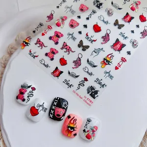 5D Relief Nail Art Stickers Punk Y2K Style 3D Self Adhesive Decals Cartoon Cat Teddy Bear Heart Street Fashion For Women
