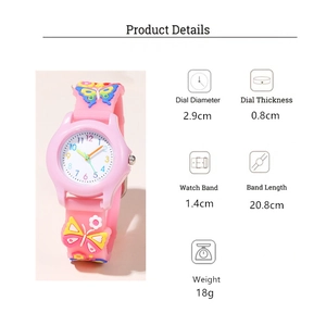 Detailed dimension guide for pink kids watch with colorful butterfly 3D strap