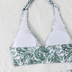 Detail of paisley bikini top with removable chest pads and quick-dry lining
