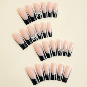 French gradient press-on nails with silver butterfly charms and black tips for women