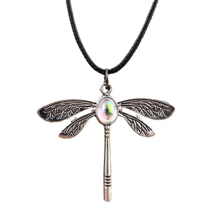 Vintage Silber Libelle Anhänger Halskette mit schillernder Perle auf schwarzer Kordel