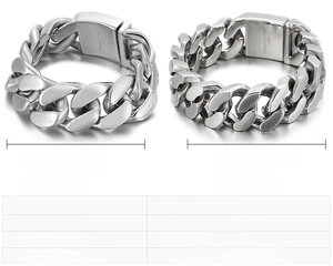 Size chart showing 205mm and 220mm lengths for polished stainless steel men's chain bracelet