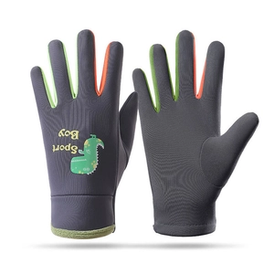 Detail of grey winter ski gloves for kids with green and orange finger stitching