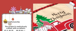 Detail of Christmas table runner with retro truck and gnomes on burlap fabric