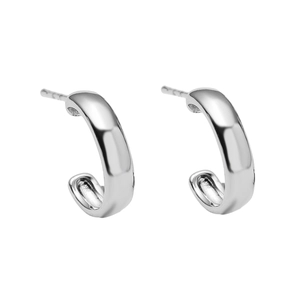 Pair of silver polished C-shape hoop earrings with minimalist metallic finish on white background