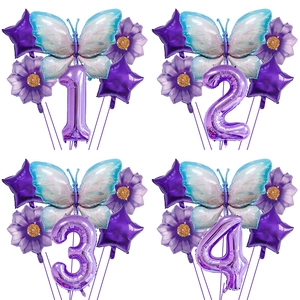 Detail of purple butterfly party balloon set with foil numbers and sunflower shapes