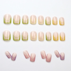 Short square press-on nails in colorful French style with macaron pastel tipped design