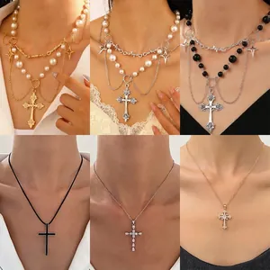 Luxe Koper Zinklegering Strass Kruis Hanger Halsketting Voor Dames Gepersonaliseerde Hip Hop Punk Kunstparel Gelaagde Ketting Sieraden