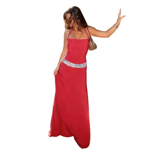 Elegant red floor-length gown with spaghetti straps and silver sequin waist detail