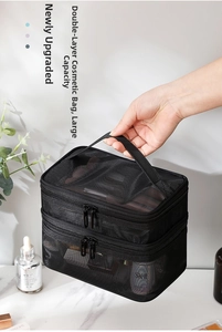 Detail view of double-layer mesh cosmetic bag with handle showing large capacity storage