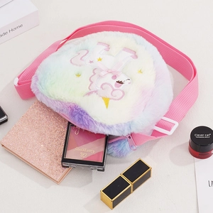 Rainbow plush heart-shaped unicorn crossbody bag with adjustable pink shoulder strap