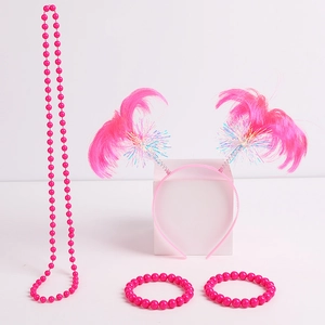 Detailed set of hot pink party beads necklaces, bracelets, and feather headband