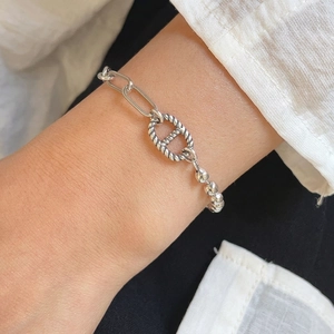 925 Sterling Silver Bracelet Mixed Bead Paperclip Chain Vintage Thai Silver Retro Oval Link Jewelry Women