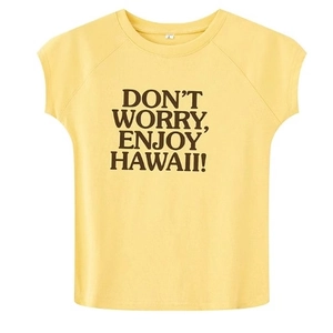 T-shirt d'été jaune vif en coton avec slogan rétro Hawaii et col rond pour un style décontracté
