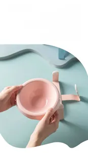 Detail of pink ceramic pet bowl with elevated metal stand preventing feline acne