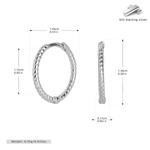 Macro detail of S925 sterling silver twisted hoop earrings with precise measurements