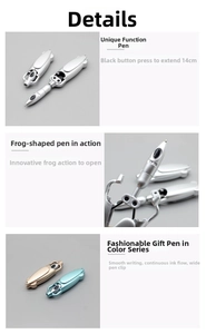 Mechanical folding frog pen in gold, silver, and blue metallic finishes, 14cm length