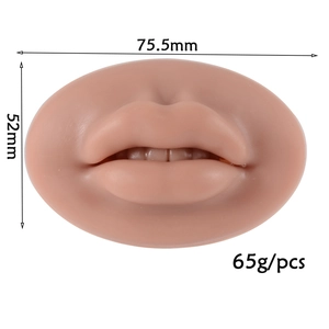 Detailed view of silicone lip model with size dimensions 75.5mm by 52mm for piercing training