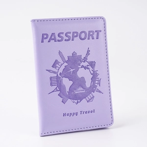 Custodia per passaporto in pelle PU lavanda con mappa del mondo Happy Travel
