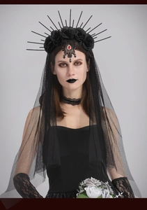 Gothic Queen headband with radial spikes, red gemstone lace pendant and long black mesh veil