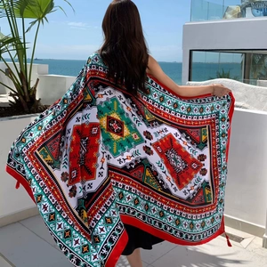 Ethnic printed sun protection shawl with tassels for beach travel in vibrant colors