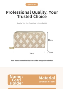 Detail view of woven long wallet with dual zippers showing dimensions 20cm x 10cm x 3cm