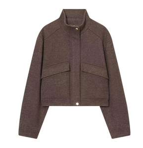 Detail of dark brown wool jacket featuring soft texture, stand collar, and snap buttons