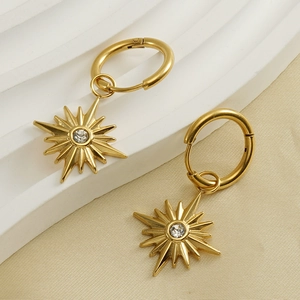 Elegant 18K gold-plated stainless steel starburst hoop earrings with sparkling zircon