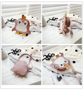 Multi-angle details of pink penguin cartoon crossbody bag with adjustable shoulder strap