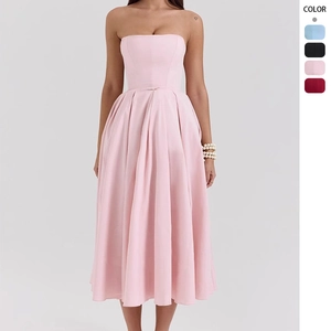 Strapless Boned Midi Dress Polyester Slim Fit Backless Flare Pleated Evening Party Formal Wear For Women