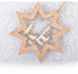 Macro view showing the back of the wooden reindeer star ornament on white fur