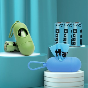 Capsule shaped pet waste bag dispenser with LED and hook in green and blue colors