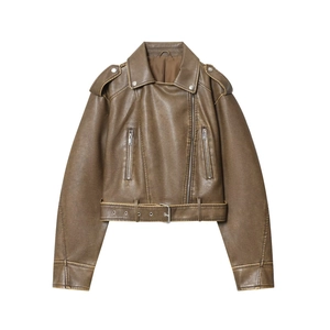 Vintage brown PU leather biker jacket with asymmetric zipper and adjustable belt