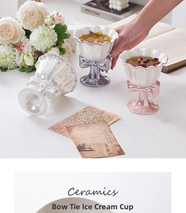 Detailed view of ceramic ice cream cup featuring a bow base and pearl glaze finish