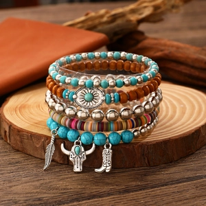 Bohemian multi-layer men's bracelet set with turquoise beads, wood, and metal charms