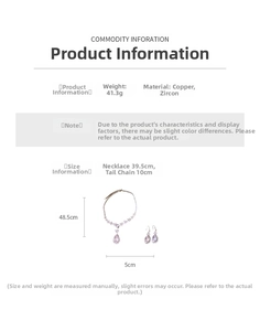 Dettaglio del set collana e orecchini in zircone argento con misure e specifiche