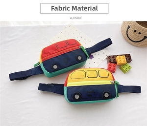 Detail of cute bus-shaped children waist bags with adjustable nylon straps on white background