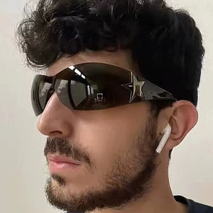 Y2K rimless wraparound sunglasses with silver star decor and reflective lenses