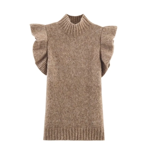 Women Knit Top Mock Neck Ruffle Shoulder Sleeveless Elegant Chic Solid Color Polyester Pullover