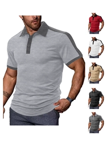 Detail of men's polo shirt featuring three-button placket and color-block knit fabric