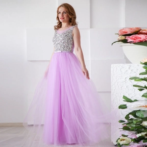 Sequined Tulle Evening Gown Sleeveless Bow Belt Prom Dress Formal Party Banquet For Women