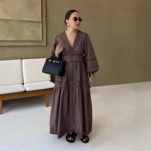 Abito Maxi Bohemien Vintage Patchwork Pizzo Scollo A V Dettagli Traforati Maniche A Sbuffo Lunghe Poliestere Elegante Donna