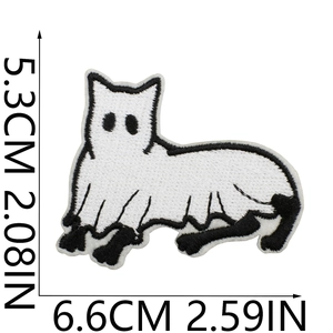 Ghost cat embroidered patch with exact dimensions of 5.3 x 6.6 cm for Halloween decor