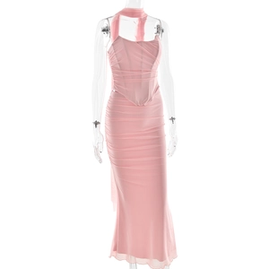 Detail of pink tube dress with corset-style boning and pleated fabric texture