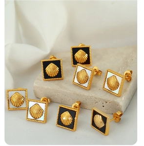 Macro view of square 18K gold earrings with shell relief and milgrain edge details