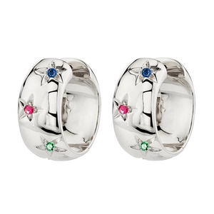 Detail of silver huggie earrings featuring star-shaped engravings and multicolor zircon stones