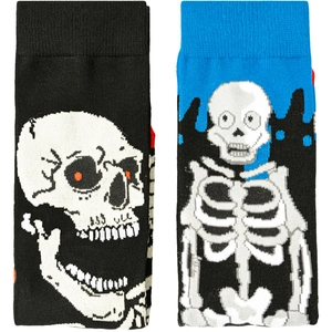 Skull and skeleton pattern mid-calf cotton socks in black and blue for Halloween fashion