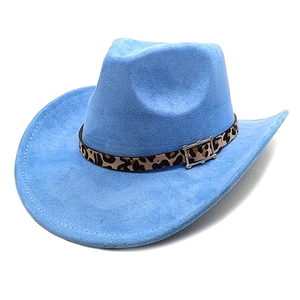 Detail of light blue faux suede cowboy hat with leopard print band and metal buckle