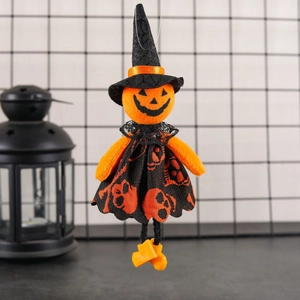 Halloween plush witch hanging decoration with pumpkin head and black hat for party decor