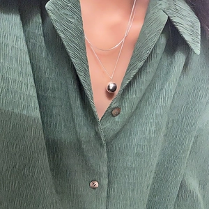 Minimalist S925 sterling silver double layer necklace with polished spherical pendant